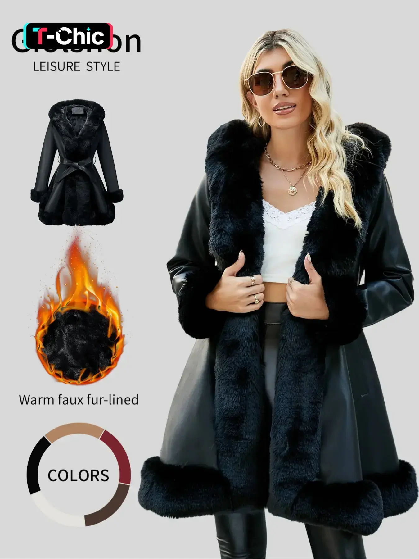 Giolshon Women's Fall & Winter PU Long Jackets, Cold Weather Wear, Warm Basic Casual Hooded Fitted Coats with Detachable Belt and Faux Fur, Everyday Stylish Aesthetic Outerwear Womenswear