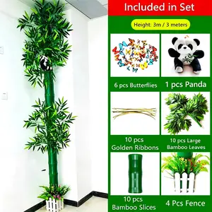 3M/118.11in Artificial Bamboo Pipe Cover Set for 110mm/4.33in PVC Pipe Fake Green Plant with Panda & Butterflies Hide Ugly AC Water Heating Tubes Decor Home Bathroom Kitchen Balcony Wall Decor