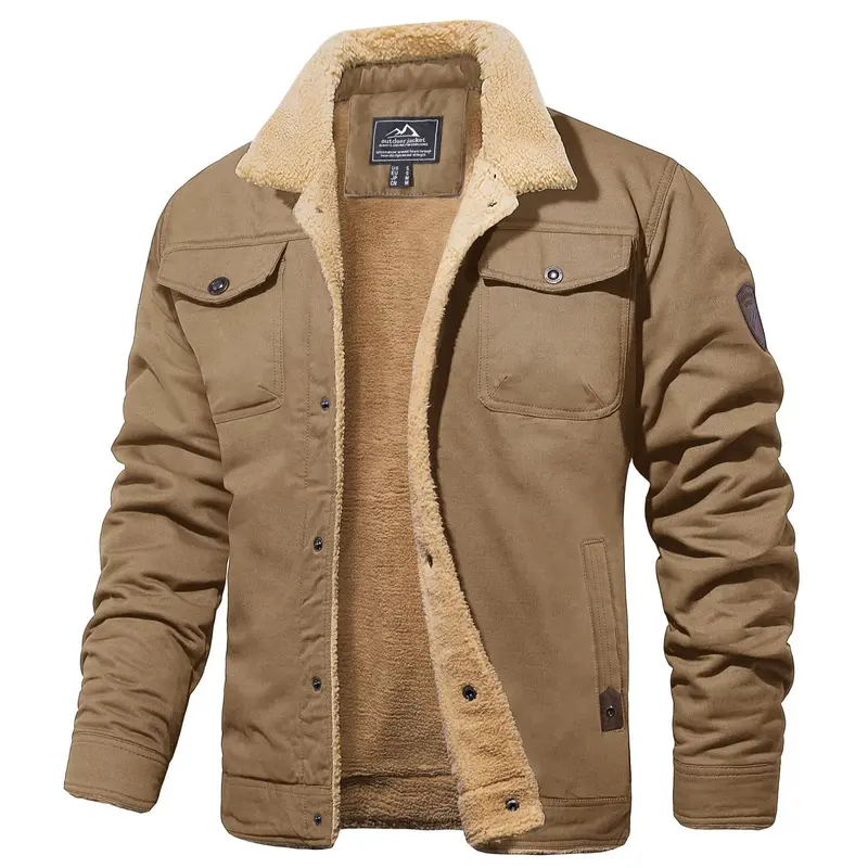 MAGCOMSEN Men's Sherpa Lined Winter Trucker Jacket Warm Multi Pocket Casual Jacket Collared Menswear Tops Cotton Fleece Long Sleeve FallFreshness Khaki Beige Jacket Outdoorfun