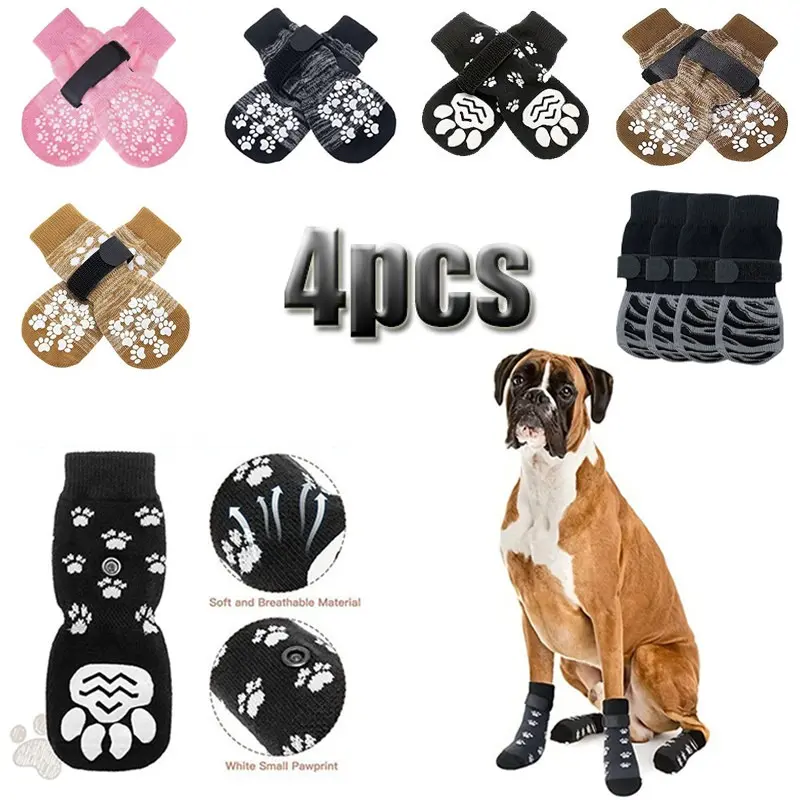 Pack of 4 dog socks suitable for large dogs such as Golden Retrievers, Labrador Retrievers, and medium-sized dogs. Outdoor socks with non-slip bottoms. Clothing