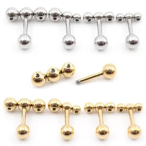 Alisouy 2PC Surgical Stainless Steel Threaded Three Balls Bean Women Men Girl Ear Stud Cartilage Screw Earrings Piercing Jewelry