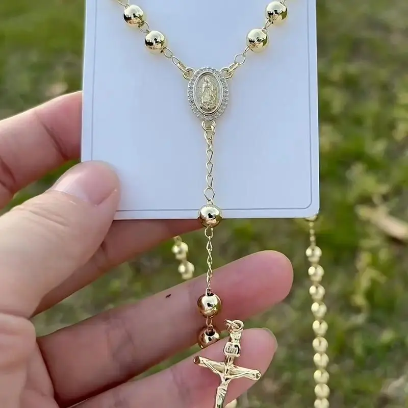 Women's Minimalist Bead Chain Crucifix Necklace, 60cm 21g, Our Lady of Guadalupe Cross Emblem Pendant, Polished Gold-Toned Metal Finish, Fashionable Spiritual Jewelry Accessory for Everyday Devotion, Crucifix Necklaces, Bead Chain Necklaces