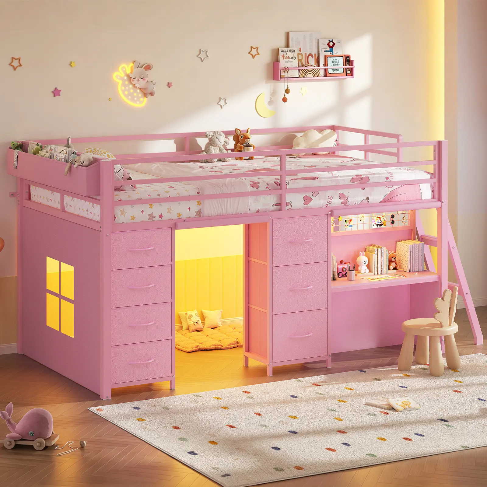 ADORNEVE Low Loft Bed Twin Size with 7 Storage Drawers and Desk Kids LED Loft Bed with Safety Guardrail and Under-Bed Play Space Private Play Curtain,dorm essentials,home decor