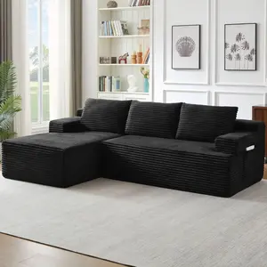 96.9" Cloud Sectional Couch with L-Shape Chaise,Modern Modular Sofa with Deep Seat, Upholstered Couches for Living Room Bedroom,No Assembly Required, (Corduroy Fabric),Black