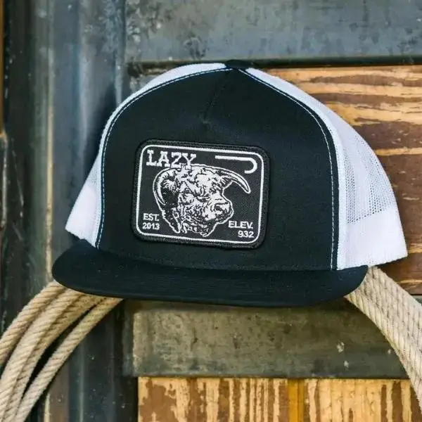 Lazy J Ranch Black & White Black Elevation Classic Five Panel Trucker Hat | Lazy Bull Trucker Cap | Cowboy Ranch Mesh Snapback Hat | Western Cattle Flat Bill Cap