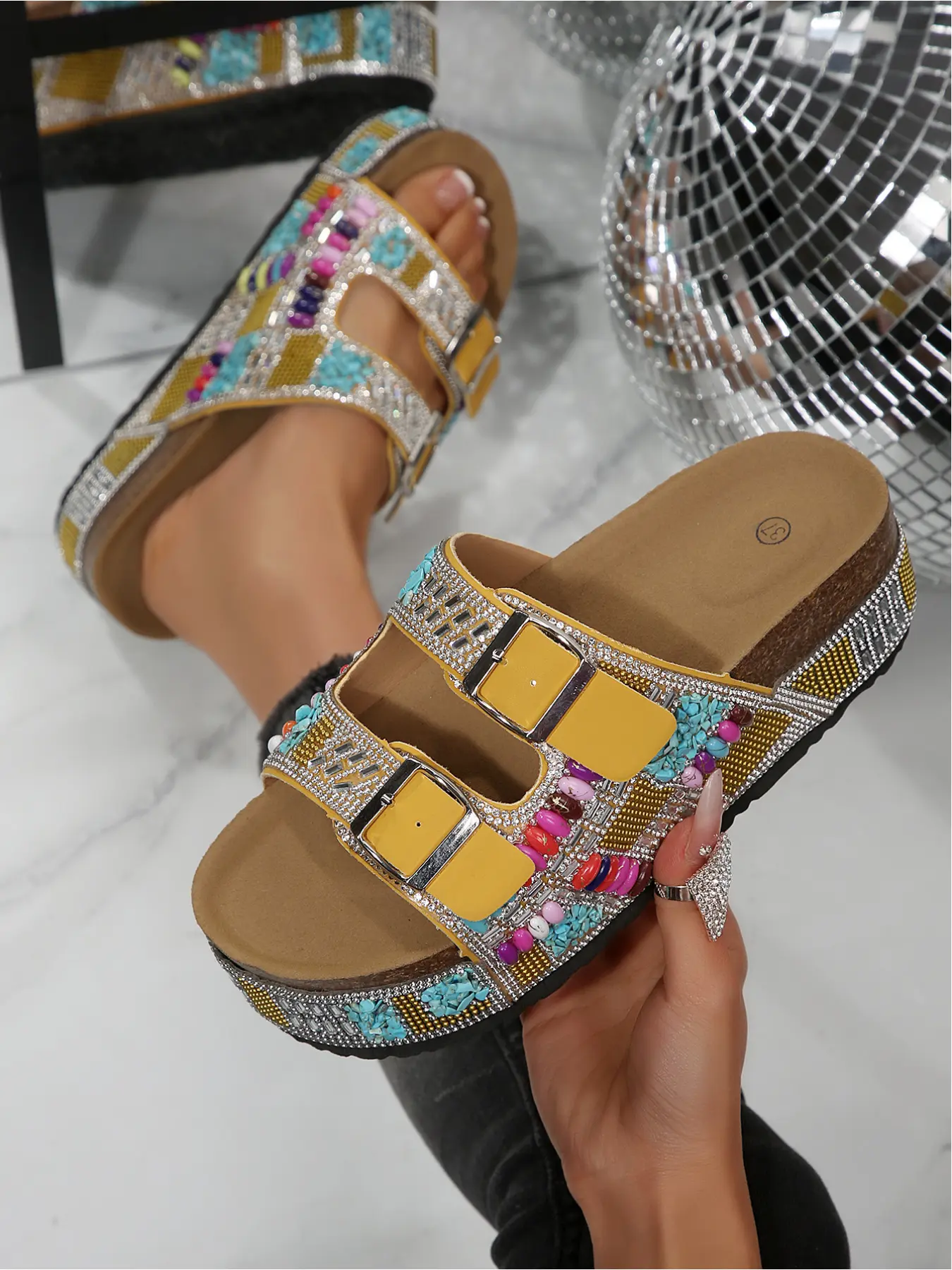 Women's Summer Rhinestone Decor Slippers, Boho Style Dual Buckle Platform Sole Outdoor Footwear, Multiple Colors Available, Slipper Shoes