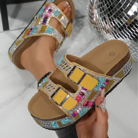 Women's Summer Rhinestone Decor Slippers, Boho Style Dual Buckle Platform Sole Outdoor Footwear, Multiple Colors Available, Slipper Shoes
