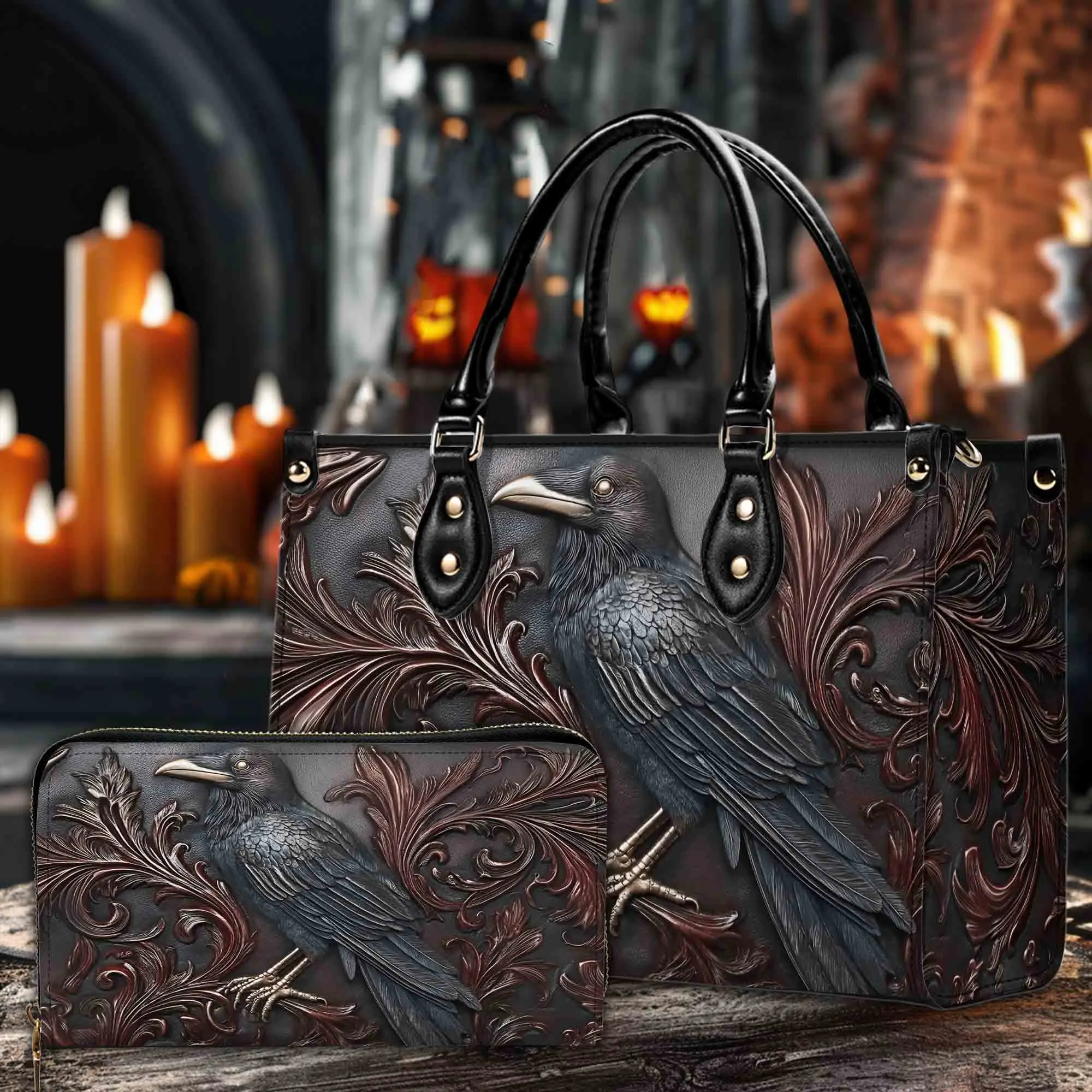 Raven Gothic Leather Handbag & Wallet Set for Women, Dark Raven Bird Purse, Gothic Style Shoulder Tote Bag, Vintage Black Crow Handbag, Halloween Handbag, Witchy Fashion Gift, Gothic Accessories, Unique Gift for Raven Lovers