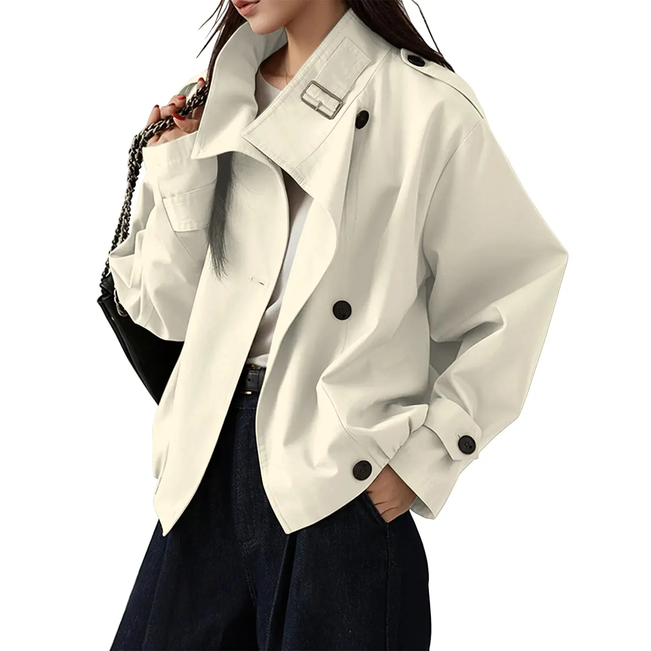 Songling Women's Vintage Cropped Cotton Jacket, Cute Lightweight Solid Outerwear with a Mock Neck and Pockets, Fabric, Regular Length