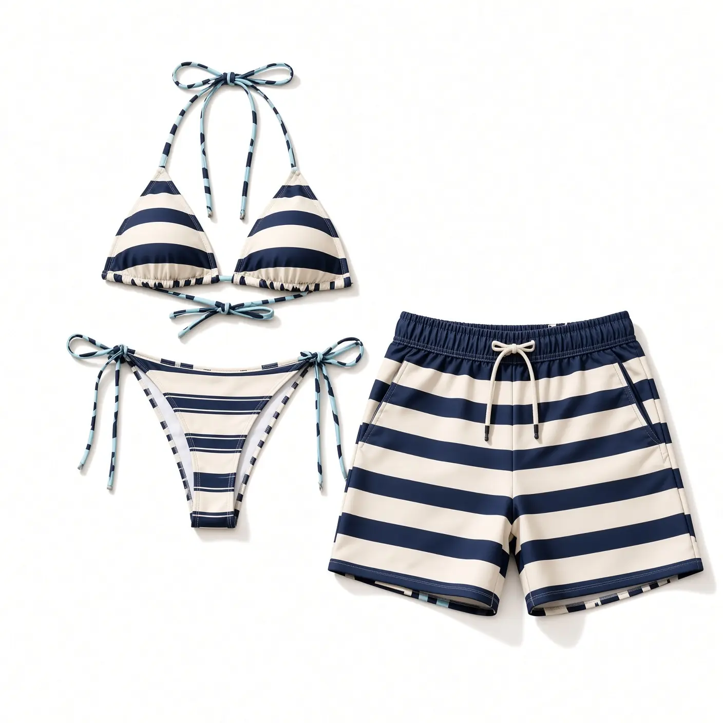 Navy Cream Stripe Matching Couple Swimwear Set, Nautical String Bikini and Hawaiian Shorts, His and Hers Beach Vacation Outfit, Summer Pool Party Gift for Couple