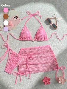 women's three piece vacation casual bikini set, fishing net camisole collar tied swim top, Triangle bikini top, matching swim bottoms, transparent mesh skirt cover, suitable for beach vacation, summer leisure, Swimsuit, Beach Bathing Suit