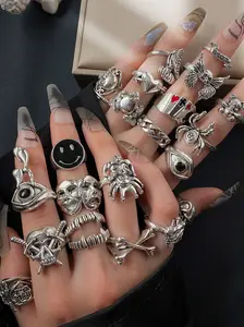 24 Piece Vintage Punk Skull Eye Mask Ring Set, Unisex Bold Dark Alloy Rings, Statement Multi Ring, Unique Gothic Style, Men and Women Jewelry