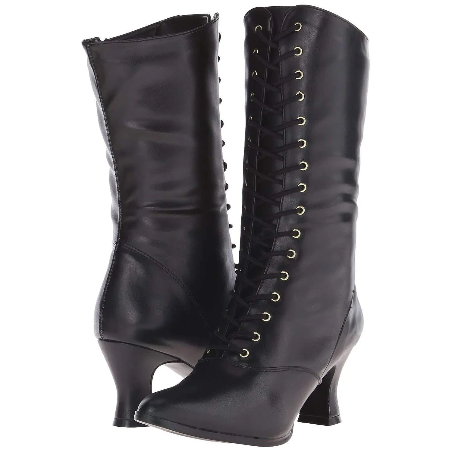 Women's Victorian-120 Lace-Up Mid-Calf Boots in Black PU Leather with a 2.75-Inch High Heel for Formal Wear, High Heels, Footwear, Synthetic