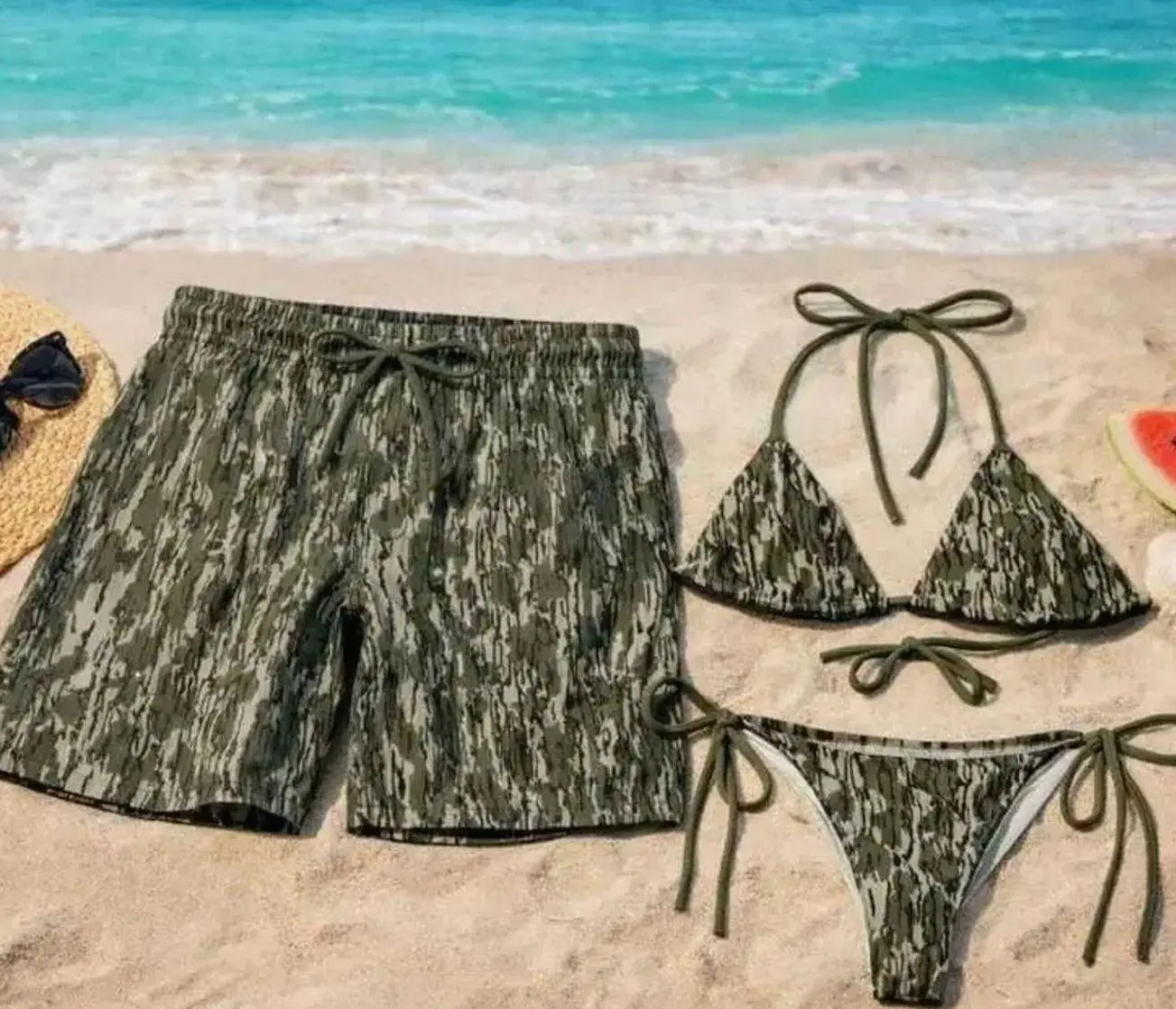 Mossy Oak Style Camo Bikini Set – Matching Couples Swimwear, Country Girl Hunting Beachwear & Men Board Shorts M7T YF0 KUR