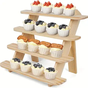 4-Tier Wooden Cupcake Display Stand, Rustic Style Jewelry Organizer, Earring and Ring Holder, Table Decor for Parties and Weddings. (Natural wood color)