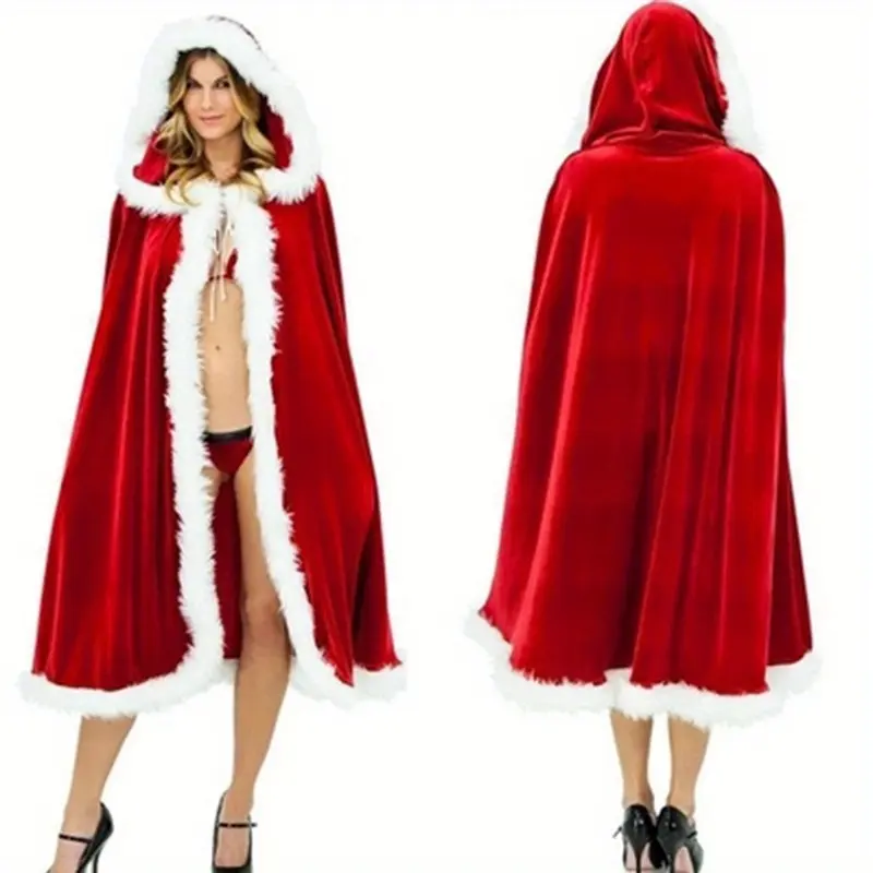 Unisex Red Hooded Christmas Cloak, Festive Party Accessory in a Polyester Blend with White Trim and Poinsettia Collar, Fabric, Clothes, Accessories, Shawl, Unisex Cut, Inelasticity, Hand Wash Only, Knitting