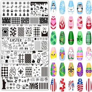 6Pcs Winter Valentine St. Patrick's Day Easter Mardi Gras Patriotic Nail Plates Stamp Templates Snowflake Heart Shamrock Egg Mask Star Nail Art Plates for DIY Print Manicure Salon Design
