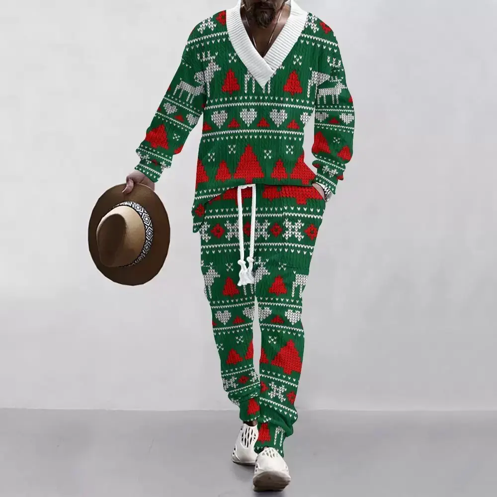 KZZ Christmas White Vneck Men's Two-piece Set Solid Jacquard Drop Shoulder Top & Drawstring Waist Pants Regular Fit Casual Formal Fashion Long Sleeve Pullover & Pocket Trousers for Daily Wear christmas gifts for him