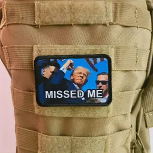 fist raised in the air trump missed me patch 2"x3" removable morale patch with hook and loop backing