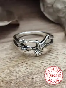 925 Sterling Silver 925 Sterling Silver Cute Bird Design Ring, Unique Rings, Wedding Engagement Anniversary Jewelry for Party, Daily Clothing Decor, for Birthday Gift Hummingbird Ring
