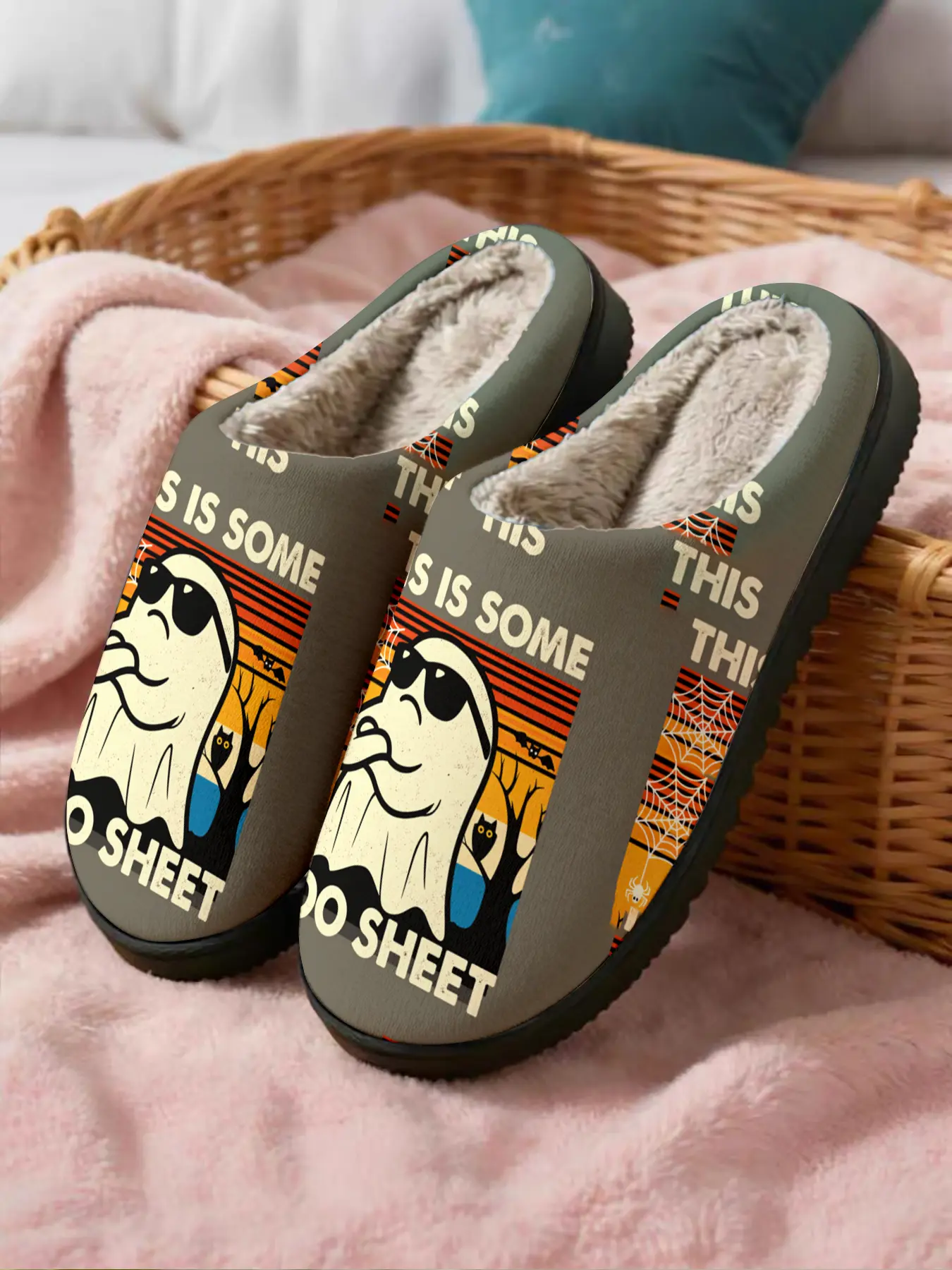 ✨Funny Ghost Slogan Fuzzy Slippers 1 Pair Vintage Funny Halloween Style, Plush Warm + Non-slip Thick Sole + Comfortable Fuzzy Lining, Perfect for Halloween Style Enthusiasts & Funny Vintage Style Lovers in Winter Home Wear🔥