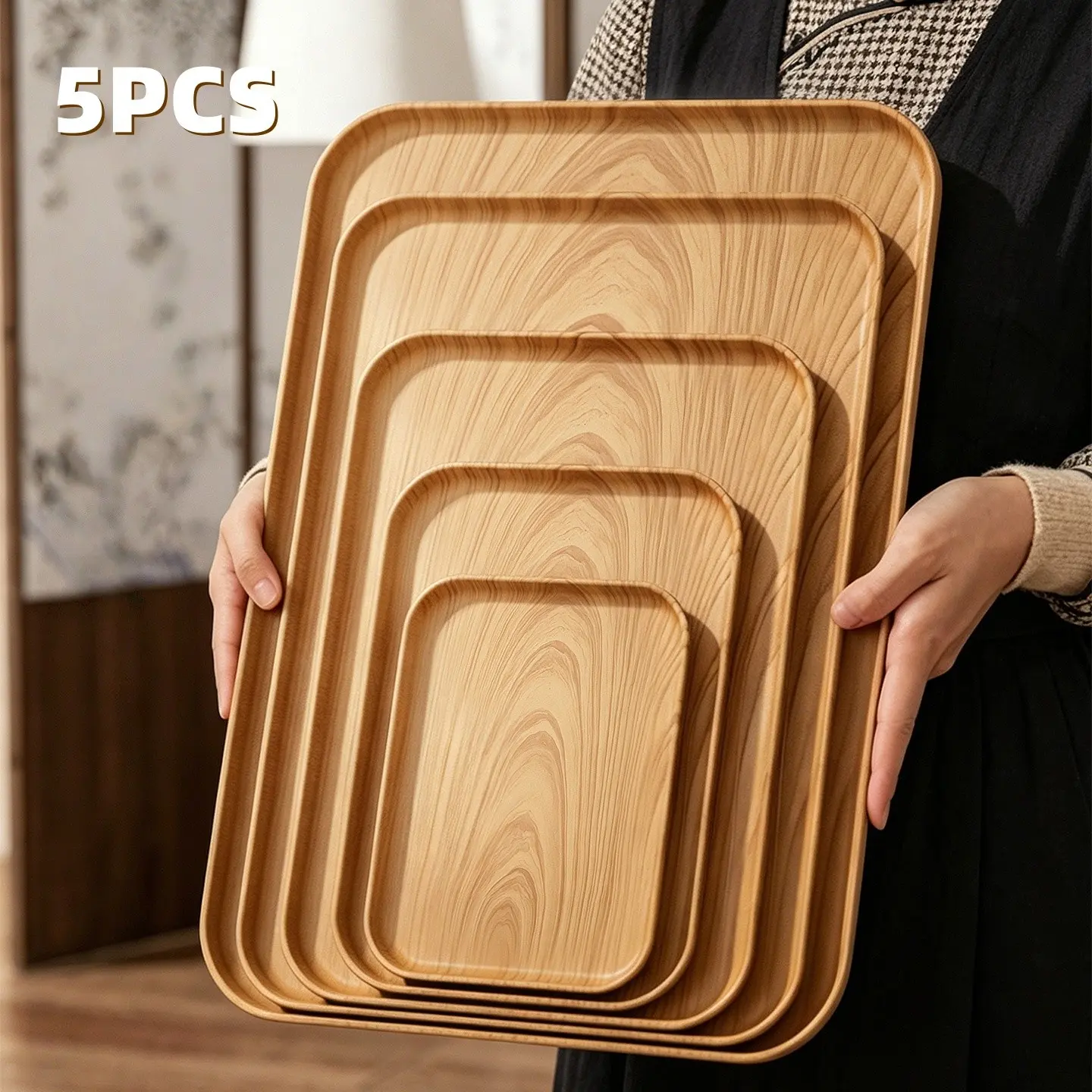 5-Piece Food-Grade Tea Cup Tray Set, Rectangular Coffee Serving Tray, Wood Grain Dessert Tray, Decorative Fruit Tray, Breakfast Food Tray, Multi-Functional Snack Tray Home