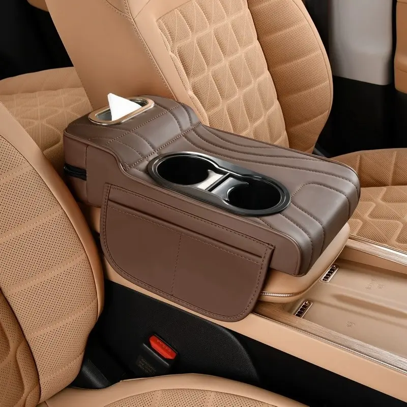 Multi-functional PU Leather Car Armrest Box Mat with Central Elbow Heightening Pad, Storage Box, Cup Holder, Car Tissue Box, Card Holder, Auto Interior Accessories, Car Organizers, Car Organization Accessories and Storage