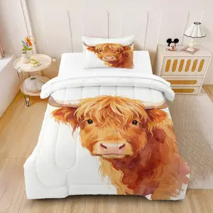 2/3 Pcs Highland Cow Theme Bedding Set, Watercolor Art Style Highland Cow Print, Fluffy and Soft, Warm and Comfortable, Suitable for All Seasons, Ideal for Bedroom Decoration, Includes Filling (Pillow Core Not Included)