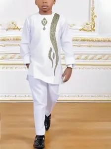 Two Piece White Boys Traditional Style Clothing Set Showcasing an Embroidered Long Tunic Top with Button Placket and Side Slit Hem Design, Paired with Relaxed Straight Fit Pants