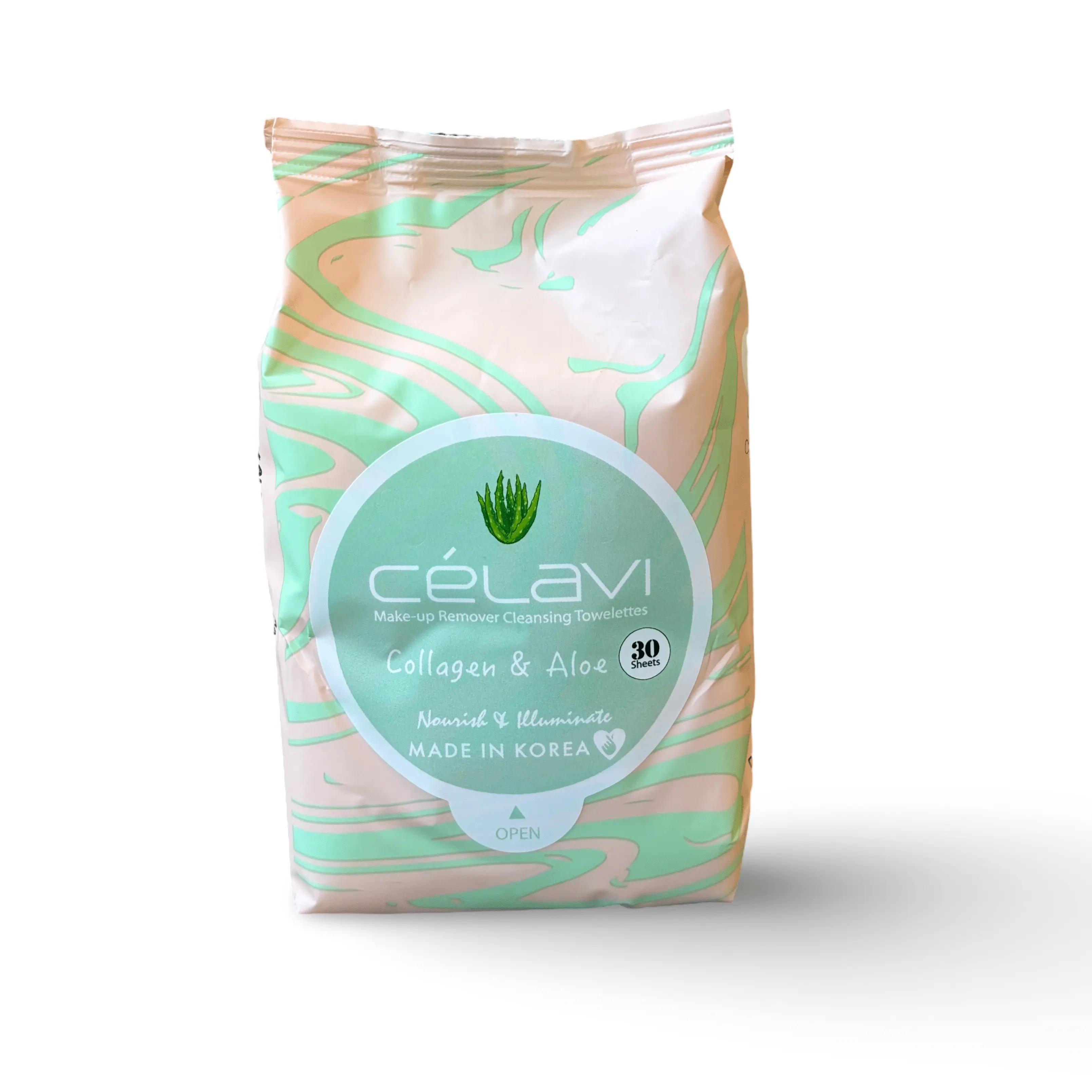 Celavi Collagen & Aloe Wipes - 30 Count / 6 Pack Korean Beauty Makeup Remover Cloths Alcohol-Free & Gentle Formula for Daily Use with Aloe Vera Extract