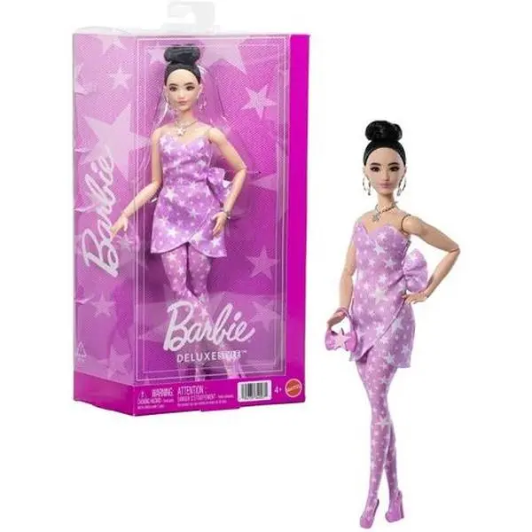 Barbie Deluxe Style Fashion Doll #11 in Pink Denim Star-Print Dress, Black Hair in Bun  [COLLECTIBLES] Paper Doll