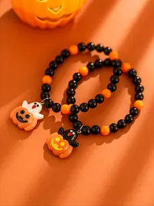 Halloween Pumpkin Bead Bracelet Set, 2 Piece Party Style Holiday Jewelry, All Season Festival Gift, No Choking Hazard, Daily Wear Lightweight Accessory