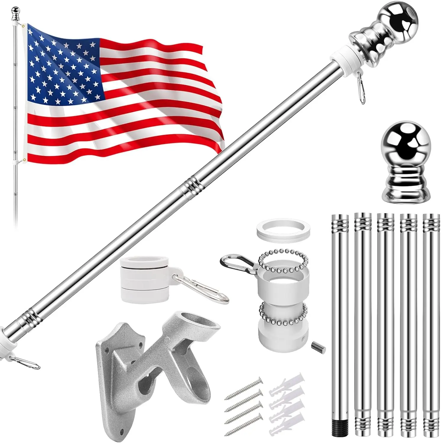 3x5FT Outdoor Flag with 5FT Aluminum Pole Kit, No Tangle Spinning Flag Pole & Wall Bracket
