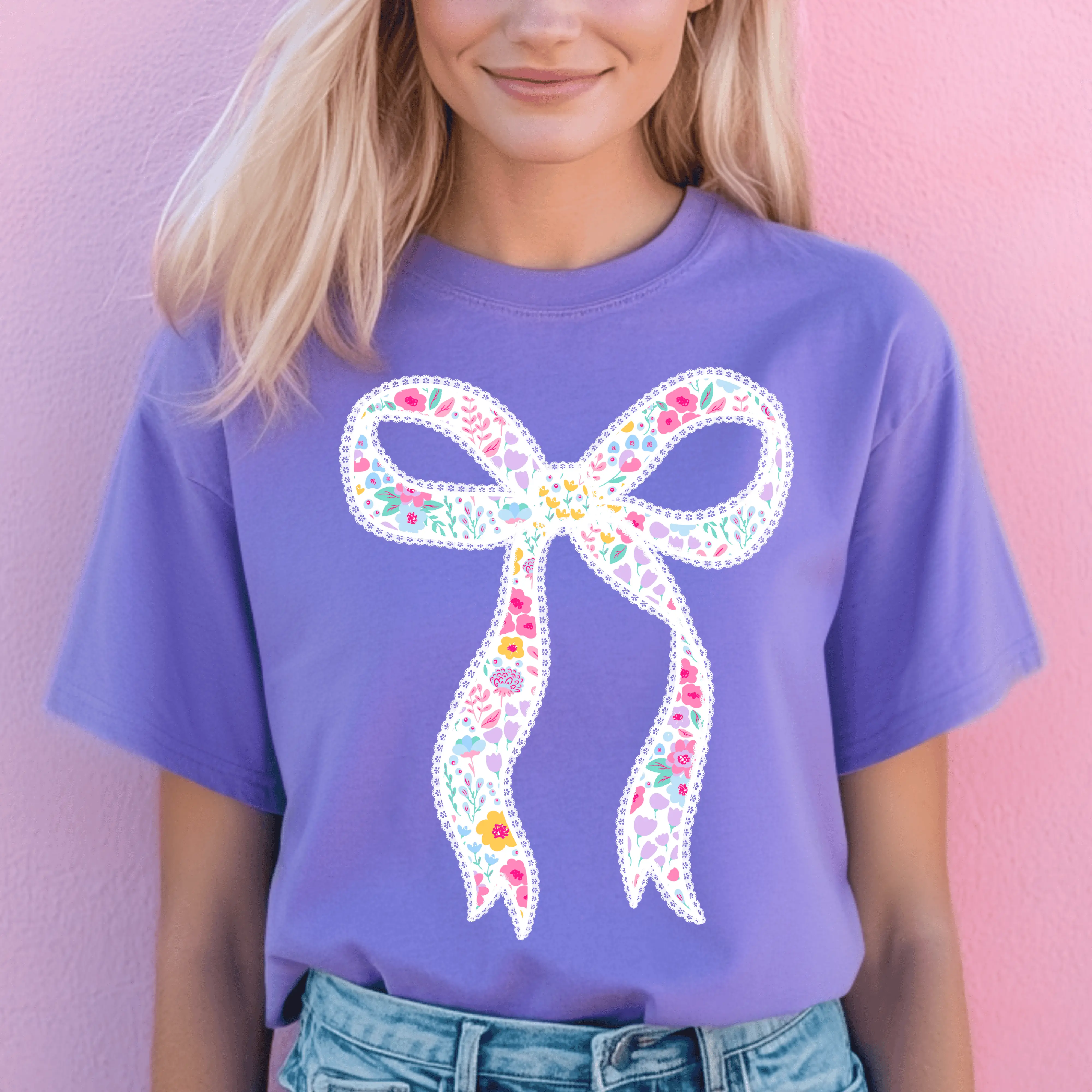 Floral Lace Bow Comfort Colors Tshirt