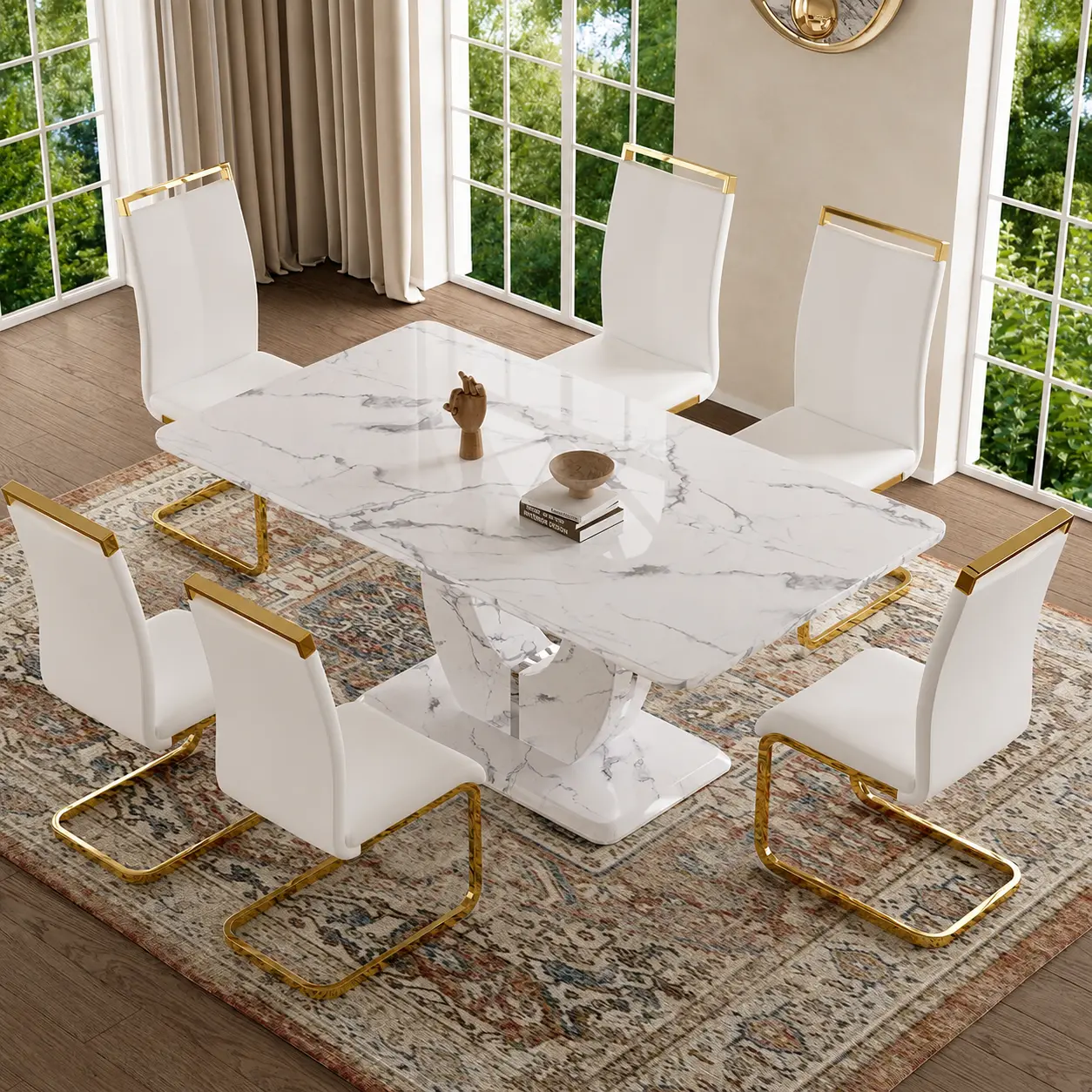 MUUOKY Modern 7-Piece Glass Dining Table Set of 4/6 with Faux Marble Top & Dark Gray PU Leather Chairs Rectangle Table for Dining Room Classic & Elegant Design black glass coffee table