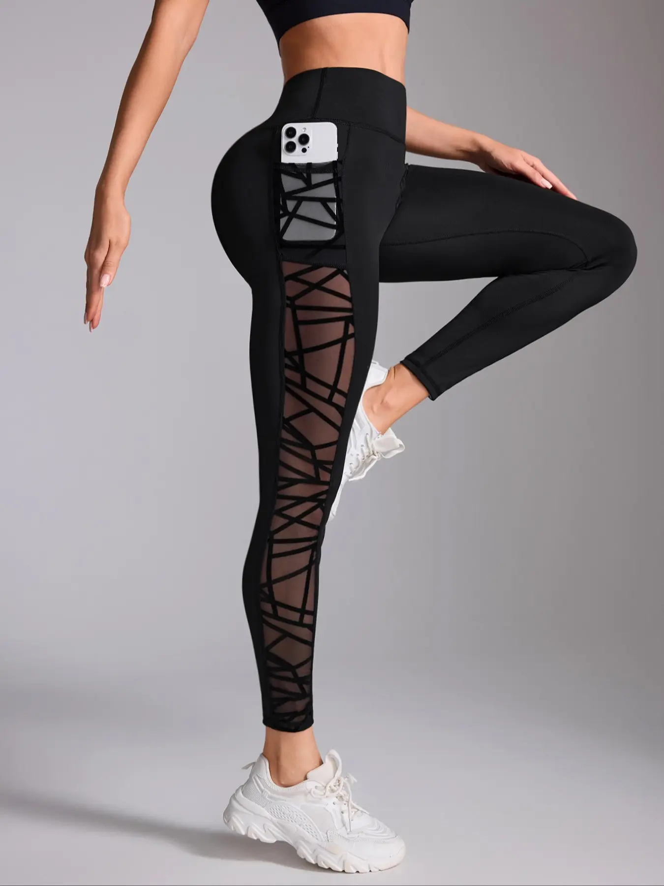 Women's Contrast Mesh Sheer Cut Out High Rise Leggings, Fitness Leggings, Casual Comfy Breathable Skinny Pants for Yoga Gym Workout, Ladies Bottoms for All Seasons