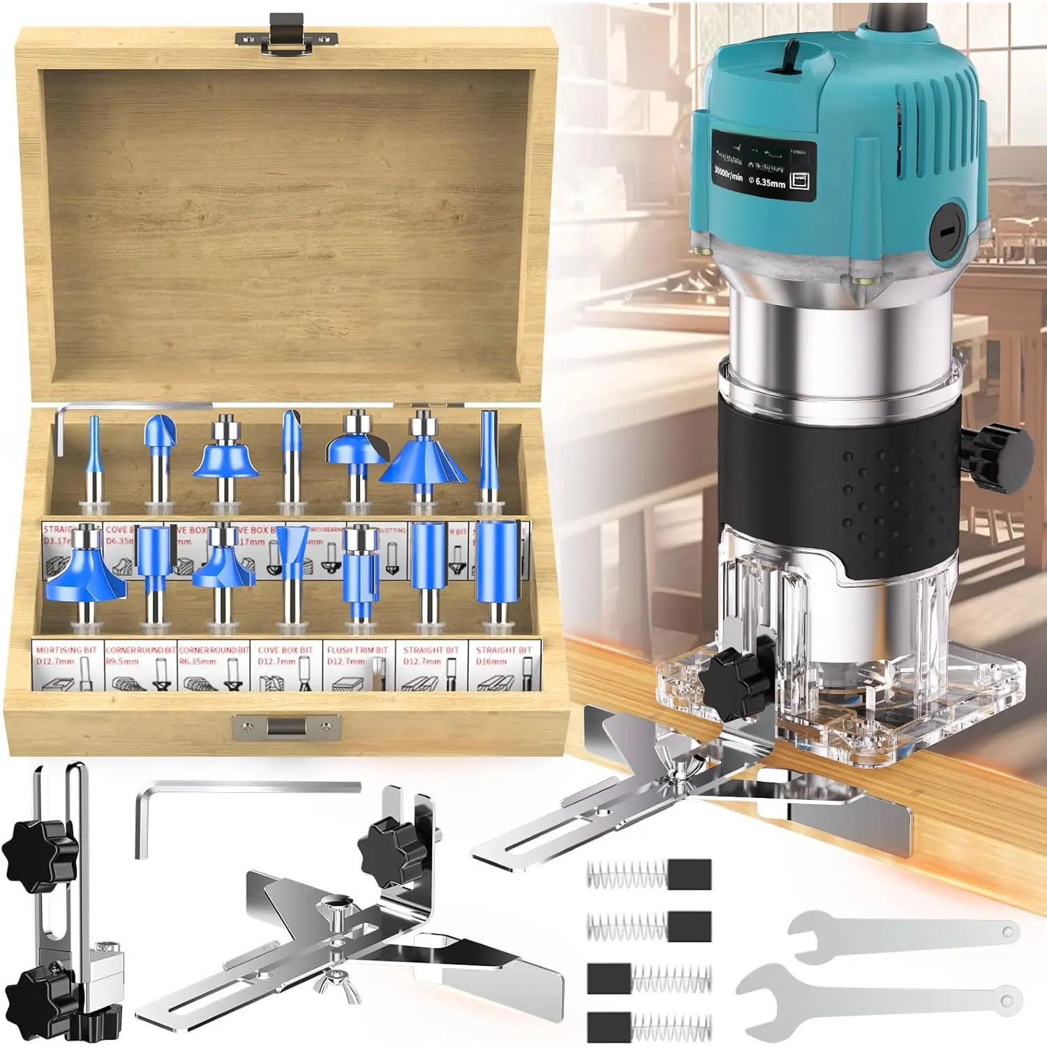 Router Tool, 110V 800W Compact  Router Tool for Woodworking, Electric Hand Trimmer 1/4" Collets Palm  Router Tools Laminate Trimmer + Tungsten Carbide Router Bits 15- Set
