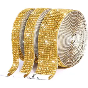 3 Rolls 6.6 Yards Self-Adhesive  Rhinestone  Ribbon - DIY  Ribbon Stickers with 2 mm Rhinestones for Crafts,Bling Ribbon Rolls for Phone,Wedding Cake Decoration(Dark Goldenrod)