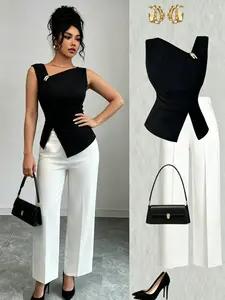 Minimalist Asymmetrical Shoulder Metal Button Ruched Sleeveless Top + High-Waisted Wide Leg Pants Set, Slim Fit, Casual Style, Business Leisure