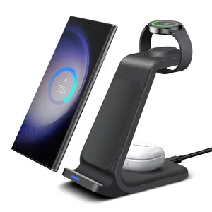15W Wireless Charging Station Compatible With Samsung, 3 in 1 Wireless Charger Compatible with Samsung Galaxy S25/S24/S23 Ultra/S23/S22 Ultra/S22/S21/Note 20, Galaxy Watch 7/6/6 Classic/5/5 Pro/4, Galaxy Buds 2 Pro/Pro Black