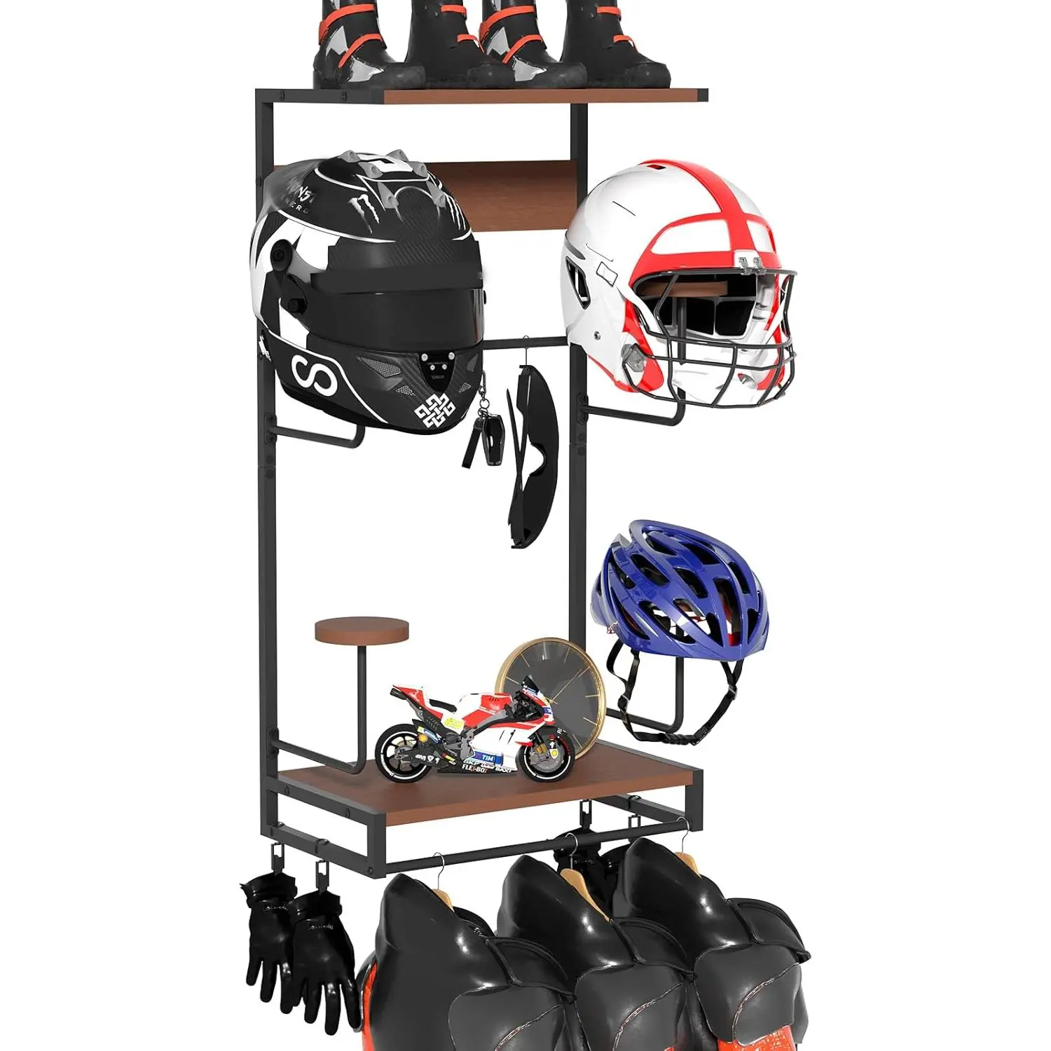 Multifunctional Wall Mounted Waterproof Steel Motorcycle Helmet Hanging Rack - Hangable Rustic Organiser with 4 Hat Stands, 2 Wooden Shelves, 4 Clips, 5 Hooks for Garage Motor Gear, Gloves, Keys, Jackets, Football Gear, Easy Installation for Men, Motorcyc