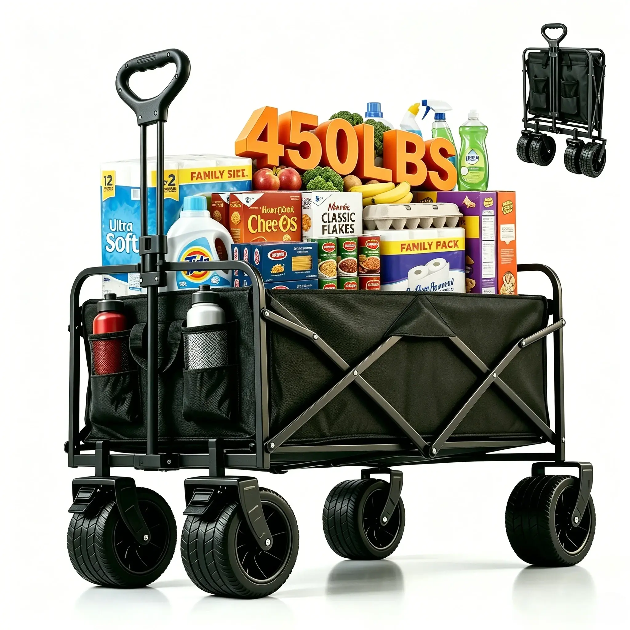 Heavy-Duty Utility Wagon with Collapsible Frame, All-Terrain Big Wheels & Brake System, Waterproof Oxford Fabric Cart, 450 lbs Capacity for Beach & Camping, Utility Cart, Outdoor Trips