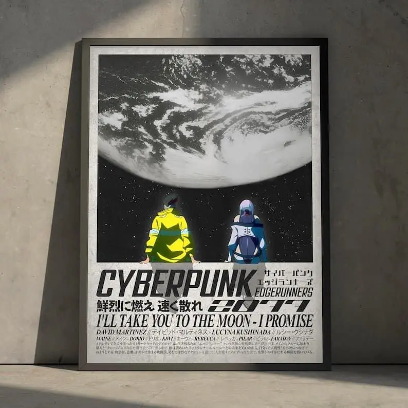 Cyberpunk Edgerunners Sci-Fi Anime Poster Photo - David and Lucy Manga Japanese Vintage Minimalist Paper Print, Multi-Size Graphic Heart Home Decor Hanging, Gift for Anime Fans