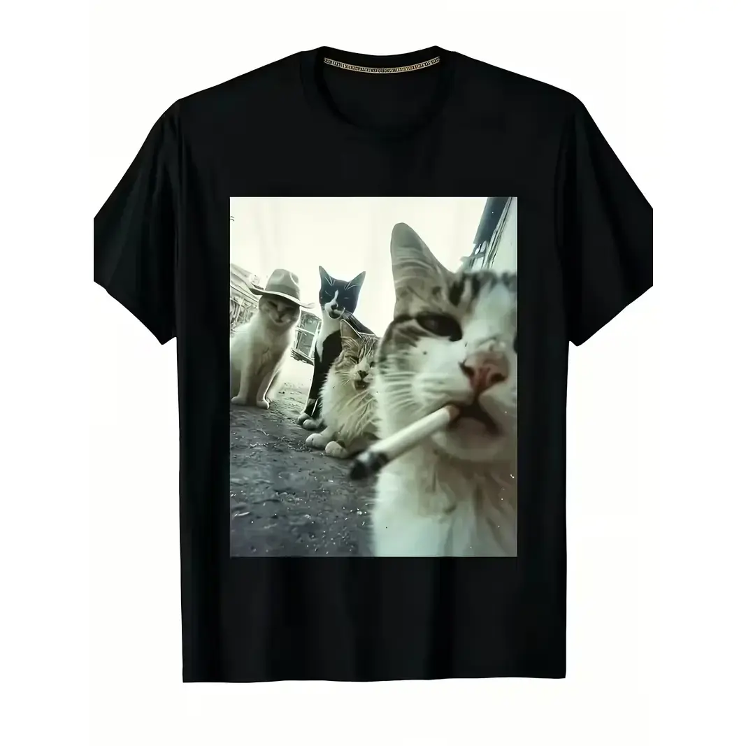 Men's & Women's Funny Cat Print T-Shirt - Soft Stretchy Short Sleeve Round Neck Tee with Kitten Streetwear, Machine Washable S-XXL Sizes Suitable for Daily Wear, Quirky Casual Outfits