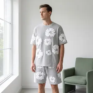 Denim Tears Crew Neck Short Sleeve T-Shirt, White Floral Wreath Print Oversized Loose Fit Cotton Tee, Casual Streetwear Top with Drop Shoulder for Daily Outings, Skateboarding, Hip Hop Style, Couple Matching Outfits
