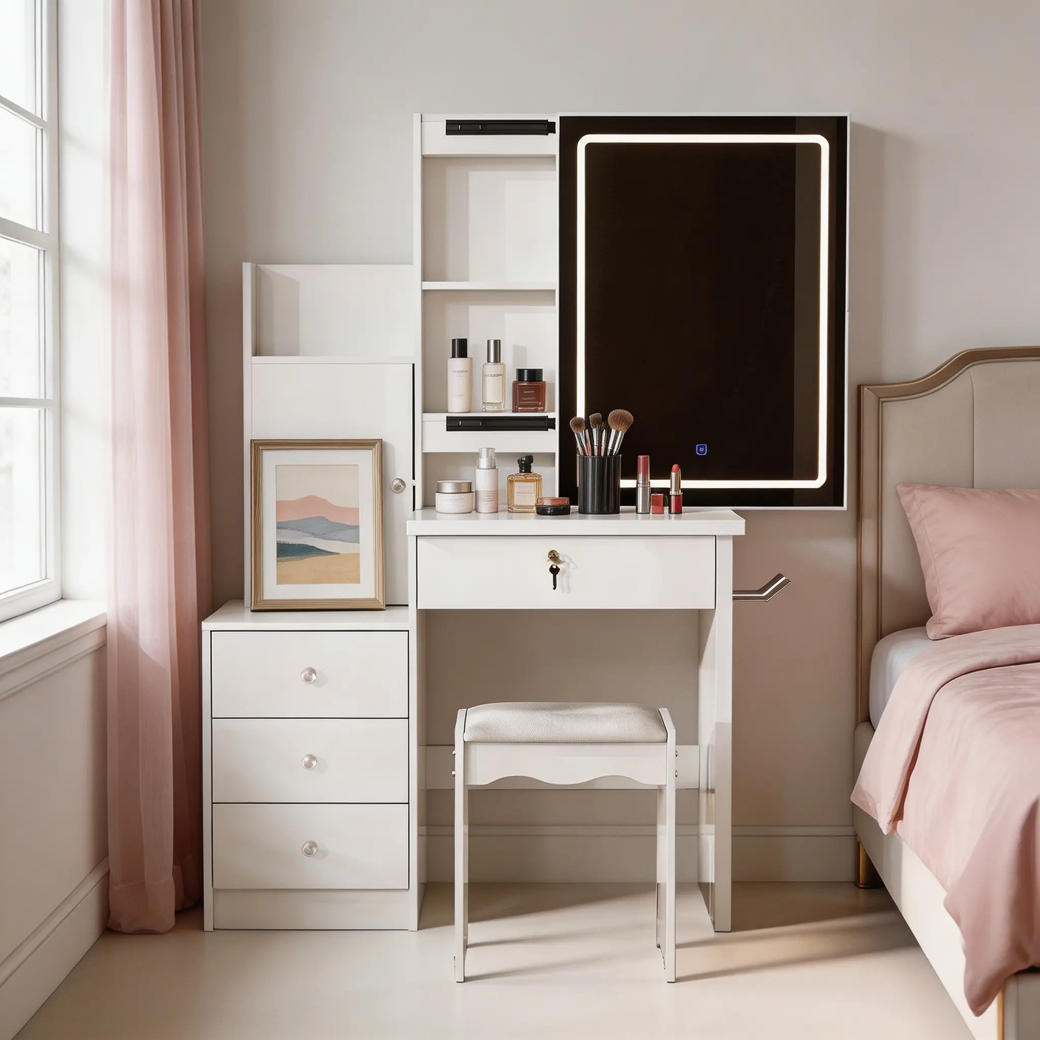 Vanity Desk Set with Sliding Lighted Mirror, 4 Drawers, 9 Storage Spaces, White | Makeup Table with Hidden Compartments & Stool for Bedroom