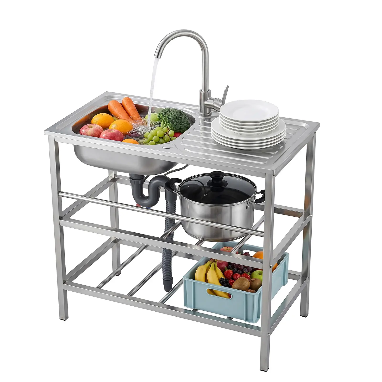 Heavy-Duty Stainless Steel Single Bowl Outdoor Utility Sink, Freestanding Kitchen Fixture with 360° Rotating Faucet, Rapid-Drain Hose for Gardens, Restaurants