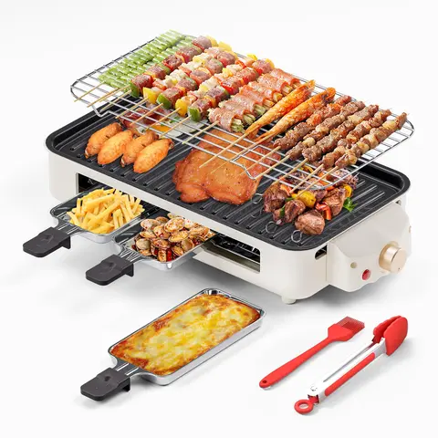 TANLOOK 1500W Smokeless Non-Stick Electric Korean Barbecue Grill - Tabletop Griddle with Removable Plates, Temperature Control, Food Clip, Cleaning Brush for Indoor Family Dinner Griddle Cooking