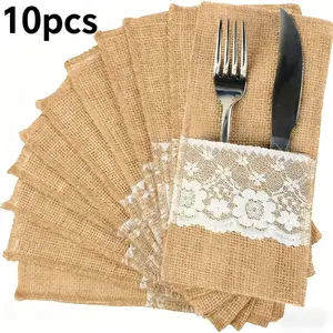 10pcs Natural Burlap Cutlery Holder Pouch Bag 4x8.5 Inch with Lace Silverware Napkin Holders for Wedding Party Bridal Shower Table Setting Coasters Tableware Cover Washable