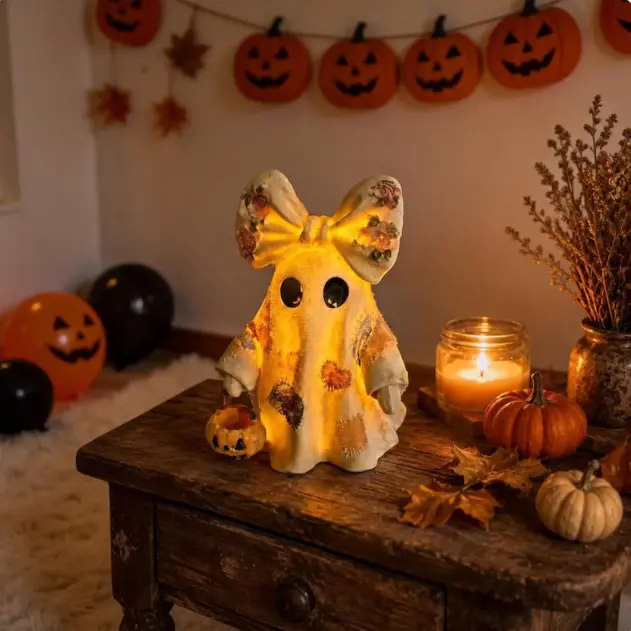 Resin Lighted Patchwork Ghost Figurine with Pumpkin Bucket - Whimsical Halloween Home &   Statue garden decor supply funny decoration sculpture outdoor lawn